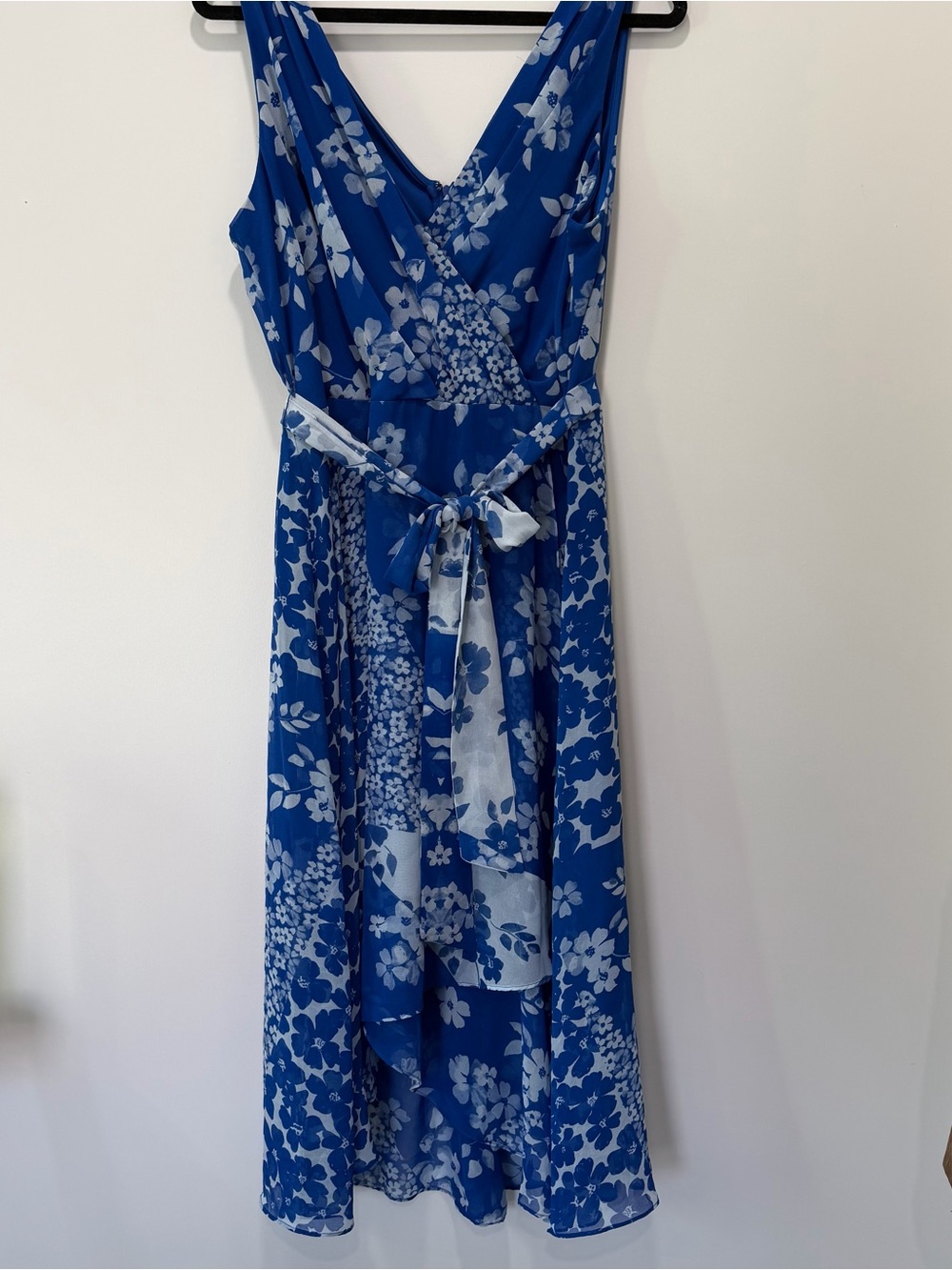 DKNY Royal Blue Floral Chiffon Midi Dress Sleeveless Wrap V Neck Tie Waist